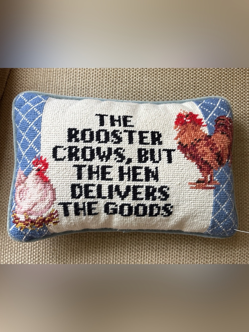 Vintage Blue & White Rooster and Hen Needlepoint Pillow 12x8 EUC